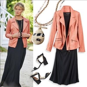 Soft Surroundings Dusty Coral Pink Faux Suede Moto Motorcycle Biker Jacket Coat‎
